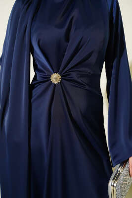 Bel Büzgü Detaylı Saten Abiye Elbise Lacivert - Elbise