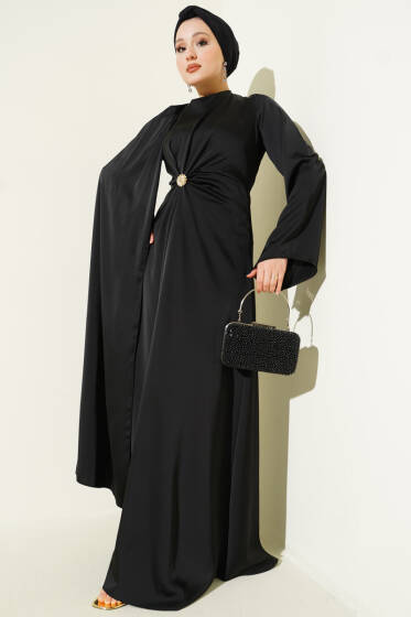 Bel Büzgü Detaylı Saten Abiye Elbise Siyah - Elbise