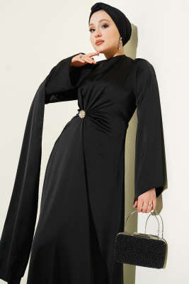 Bel Büzgü Detaylı Saten Abiye Elbise Siyah - Elbise