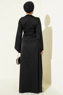 Bel Büzgü Detaylı Saten Abiye Elbise Siyah - Elbise