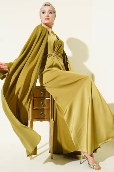 Bel Büzgü Detaylı Saten Abiye Elbise Yağ Yeşili - Elbise