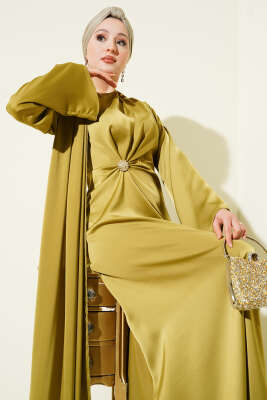 Bel Büzgü Detaylı Saten Abiye Elbise Yağ Yeşili - Elbise