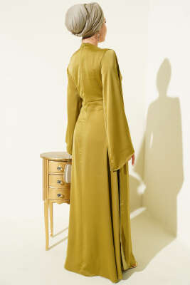 Bel Büzgü Detaylı Saten Abiye Elbise Yağ Yeşili - Elbise