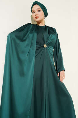 Bel Büzgü Detaylı Saten Abiye Elbise Zümrüt Yeşili - Elbise