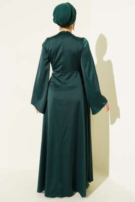 Bel Büzgü Detaylı Saten Abiye Elbise Zümrüt Yeşili - Elbise