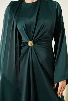 Bel Büzgü Detaylı Saten Abiye Elbise Zümrüt Yeşili - Elbise