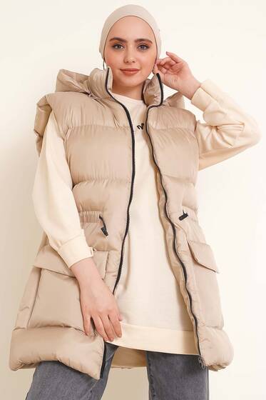 Bel Büzgü Lastikli Şişme Yelek Bej - Kadın Yelek