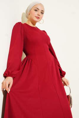 Bel Büzgülü Bağlamalı Elbise Bordo - Elbise