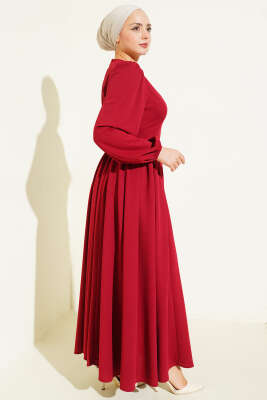 Bel Büzgülü Bağlamalı Elbise Bordo - Elbise