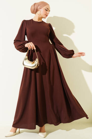 Bel Büzgülü Bağlamalı Elbise Kahve - Elbise