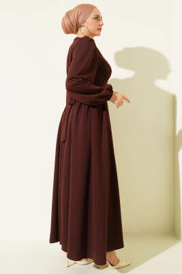 Bel Büzgülü Bağlamalı Elbise Kahve - Elbise