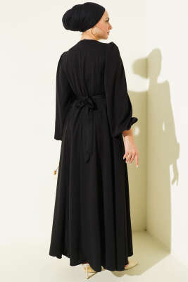 Bel Büzgülü Bağlamalı Elbise Siyah - Elbise