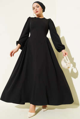 Bel Büzgülü Bağlamalı Elbise Siyah - CNR TEKSTİL