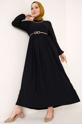 Bel Büzgülü Bürümcük Elbise Siyah - Thumbnail