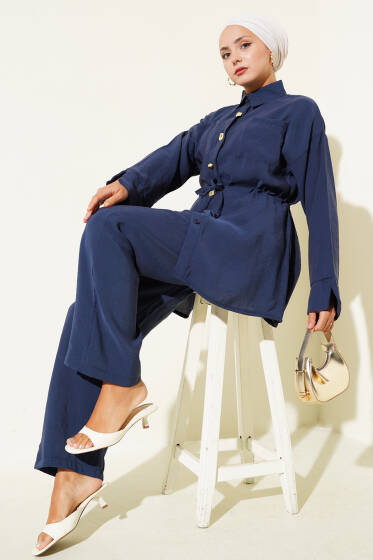 Bel Büzgülü Cepli İkili Takım Lacivert - İkili Takım