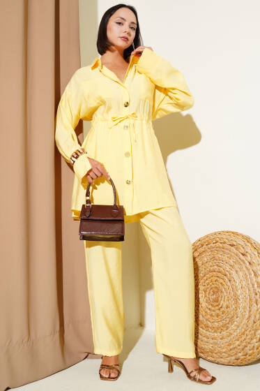 Bel Büzgülü Cepli İkili Takım Sarı - İkili Takım