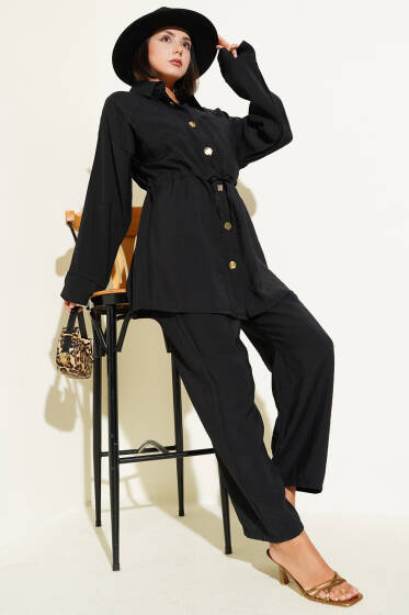 Bel Büzgülü Cepli İkili Takım Siyah - İkili Takım