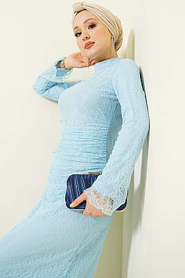 Bel Büzgülü Dantelli Tül Abiye Elbise Bebe Mavi 