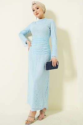 Bel Büzgülü Dantelli Tül Abiye Elbise Bebe Mavi - Elbise