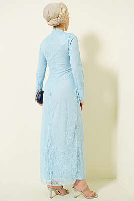 Bel Büzgülü Dantelli Tül Abiye Elbise Bebe Mavi - Elbise