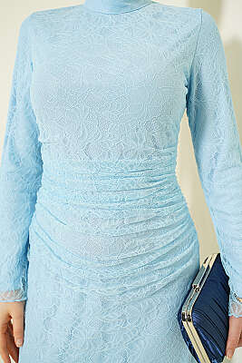 Bel Büzgülü Dantelli Tül Abiye Elbise Bebe Mavi - Elbise