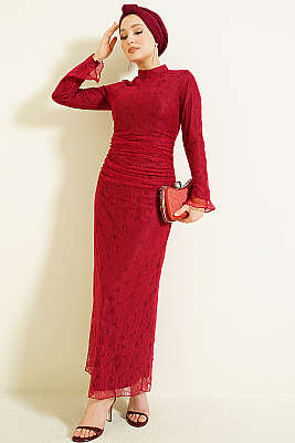 Bel Büzgülü Dantelli Tül Abiye Elbise Bordo 