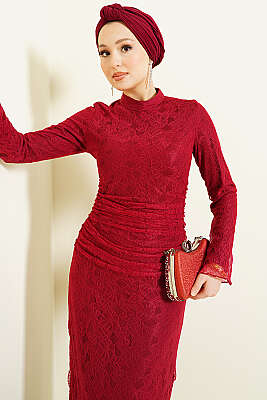 Bel Büzgülü Dantelli Tül Abiye Elbise Bordo - Elbise