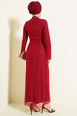 Bel Büzgülü Dantelli Tül Abiye Elbise Bordo - Elbise