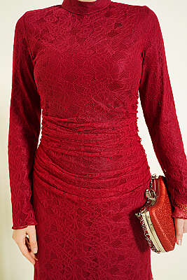 Bel Büzgülü Dantelli Tül Abiye Elbise Bordo - Elbise