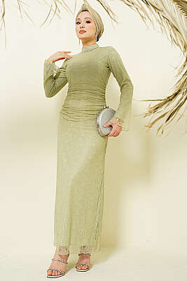 Bel Büzgülü Dantelli Tül Abiye Elbise Çağla Yeşili 