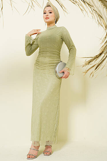 Bel Büzgülü Dantelli Tül Abiye Elbise Çağla Yeşili - Elbise