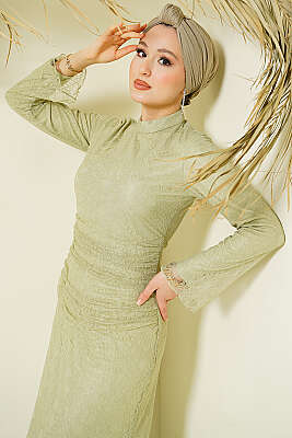 Bel Büzgülü Dantelli Tül Abiye Elbise Çağla Yeşili - Elbise