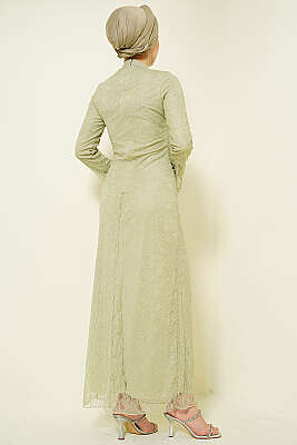 Bel Büzgülü Dantelli Tül Abiye Elbise Çağla Yeşili - Elbise