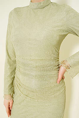 Bel Büzgülü Dantelli Tül Abiye Elbise Çağla Yeşili - Elbise