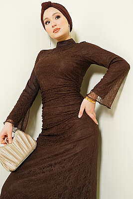 Bel Büzgülü Dantelli Tül Abiye Elbise Kahve 