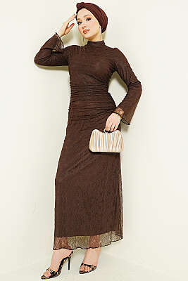 Bel Büzgülü Dantelli Tül Abiye Elbise Kahve - Elbise