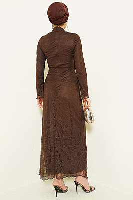 Bel Büzgülü Dantelli Tül Abiye Elbise Kahve - Elbise