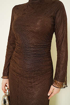 Bel Büzgülü Dantelli Tül Abiye Elbise Kahve - Elbise