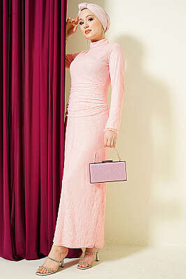 Bel Büzgülü Dantelli Tül Abiye Elbise Pudra 