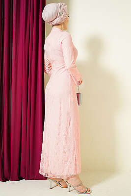 Bel Büzgülü Dantelli Tül Abiye Elbise Pudra - Elbise