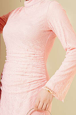 Bel Büzgülü Dantelli Tül Abiye Elbise Pudra - Elbise