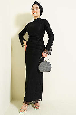 Bel Büzgülü Dantelli Tül Abiye Elbise Siyah 