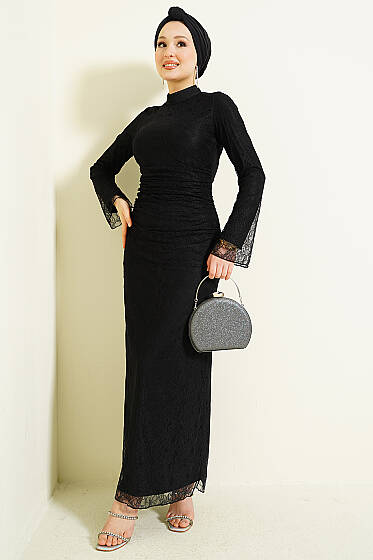 Bel Büzgülü Dantelli Tül Abiye Elbise Siyah - Elbise