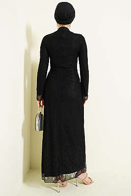 Bel Büzgülü Dantelli Tül Abiye Elbise Siyah - Elbise