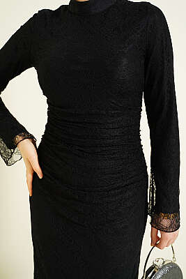 Bel Büzgülü Dantelli Tül Abiye Elbise Siyah - Elbise