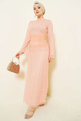 Bel Büzgülü Dantelli Tül Abiye Elbise Somon - Elbise