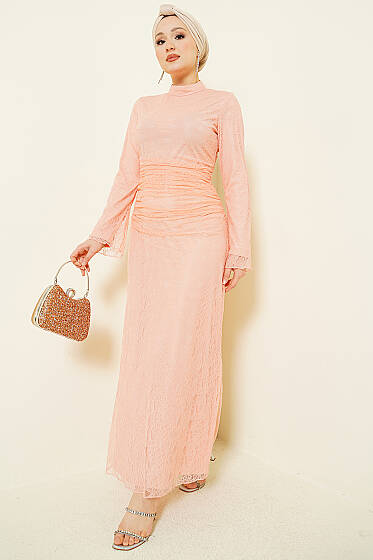 Bel Büzgülü Dantelli Tül Abiye Elbise Somon - Elbise