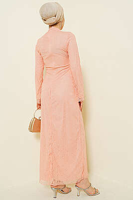 Bel Büzgülü Dantelli Tül Abiye Elbise Somon - Elbise