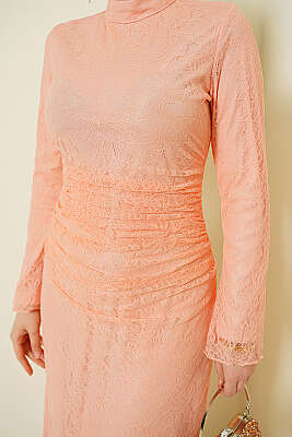 Bel Büzgülü Dantelli Tül Abiye Elbise Somon - Elbise