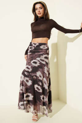 Bel Büzgülü Desenli Tul Etek Kahve - LUSTRİN